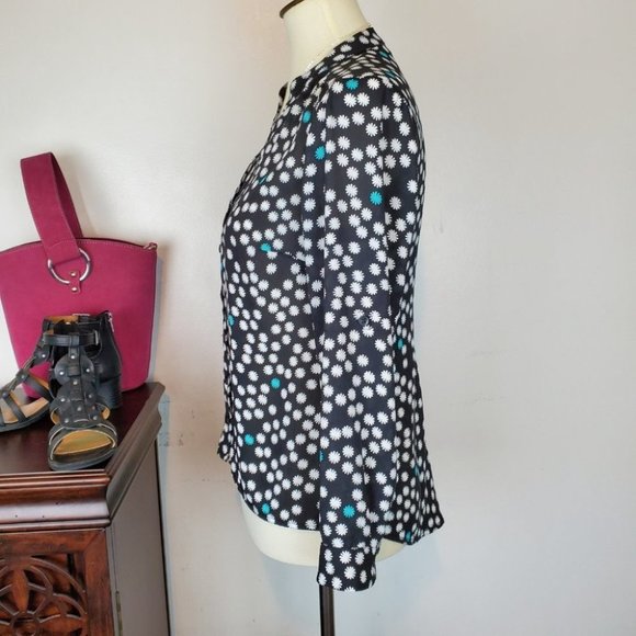 Alfani Black White Mint Green Flowers High-Low Button UP Roll-Tab Sleeve Top 2P - Picture 3 of 7